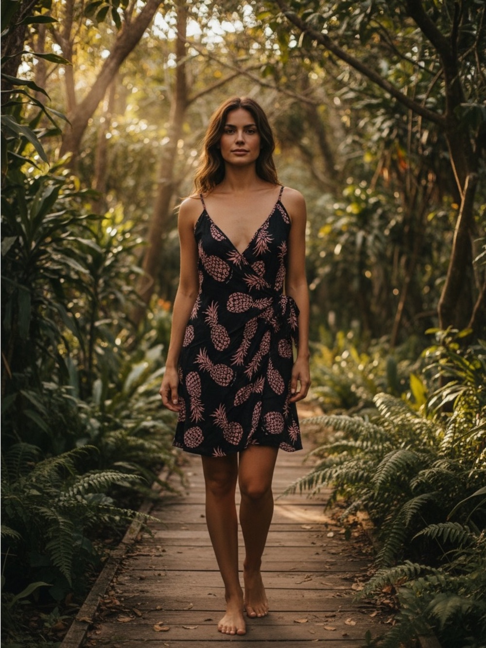 Rails Malia Pink Pineapple Print Wrap Mini Dress Black Linen Blend Small